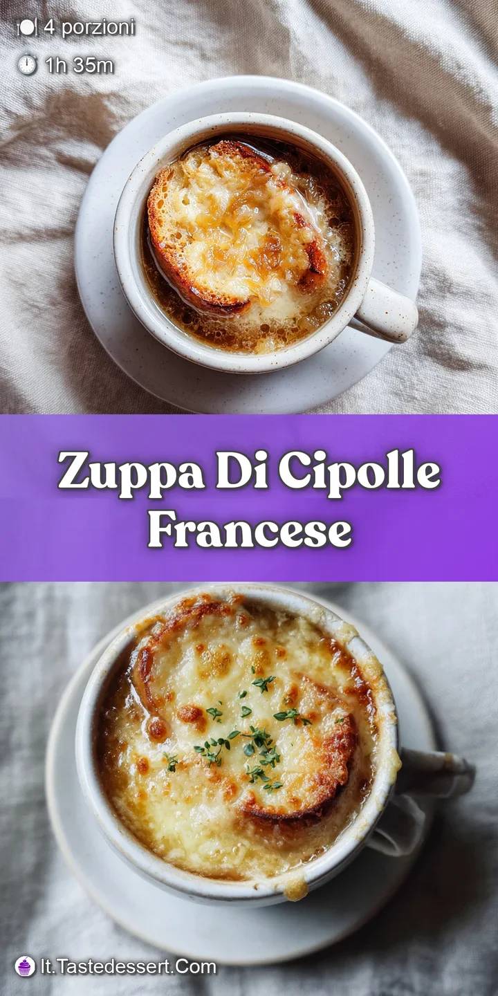 Close-up of French onion soup; strings of melted cheese stretch from the spoon, glistening with savory broth and herbs.