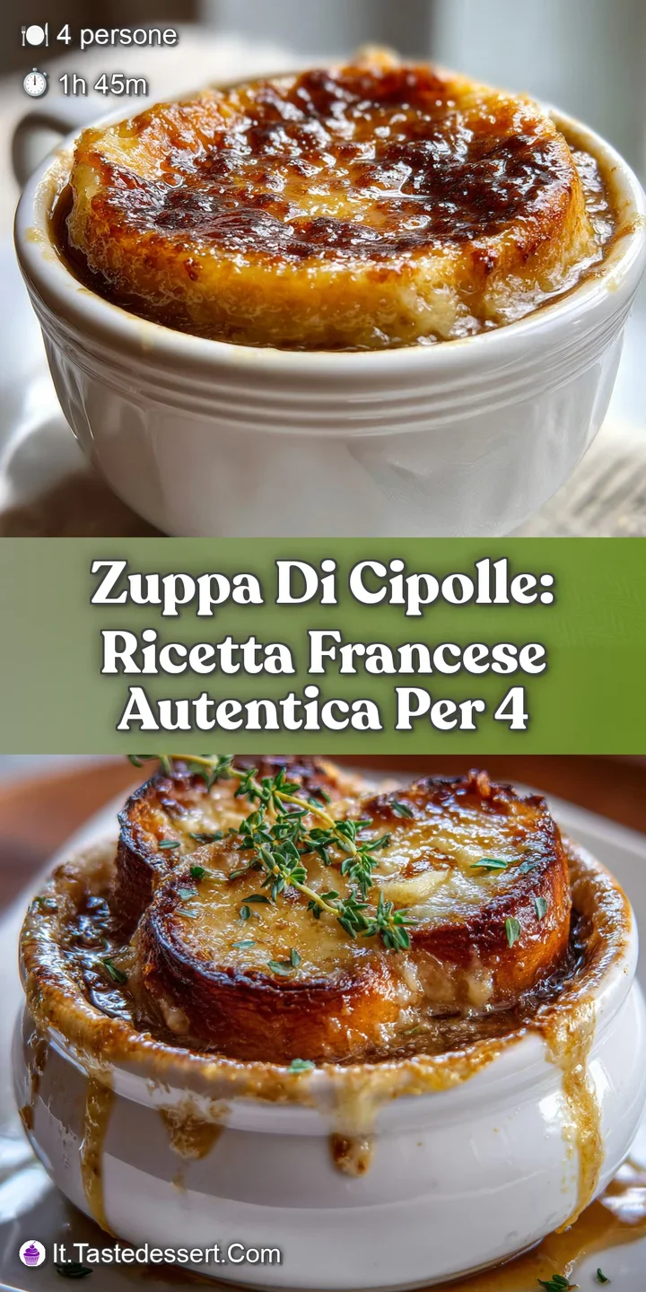 Close-up of caramelized onions swimming in dark broth beneath a bubbling, browned Gruyere cheese crust; appetizing steam r...