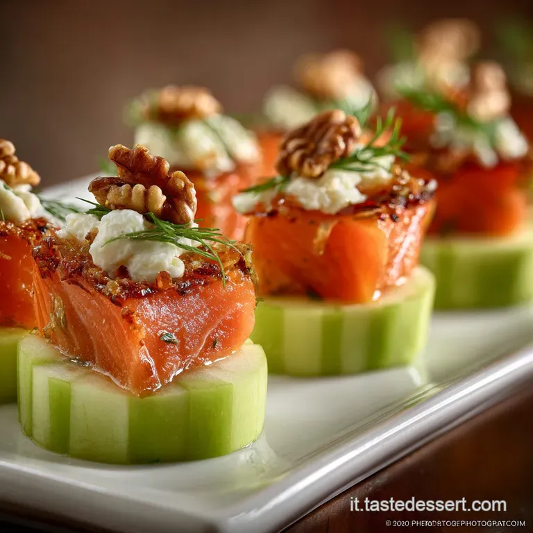 Elegant plate featuring a curl of glistening salmon, dollops of soft cheese, and sprigs of fresh dill. Festive and inviting.