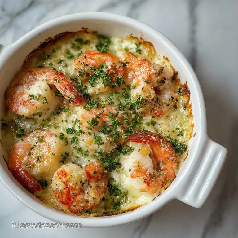 Elegant plate of golden seafood gratin, a medley of textures, garnished with fresh herbs, hints of steam suggest warmth.