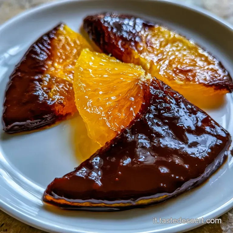 Composizione raffinata di spicchi d'arancia candita color ambra avvolti in cioccolato scuro, disposti con cura.