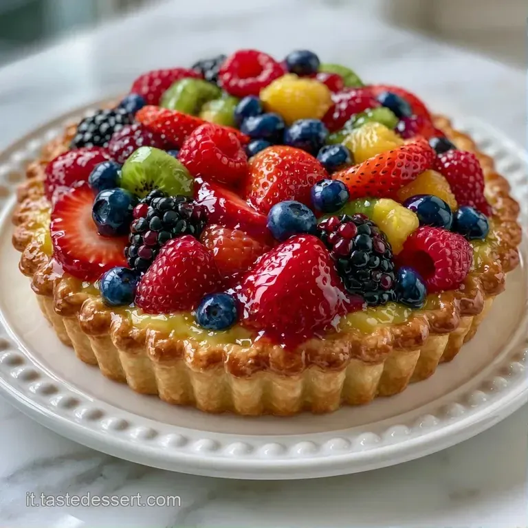 Una fetta di torta croccante su piatto bianco, con crema vellutata e frutti di bosco brillanti in un set luminoso.