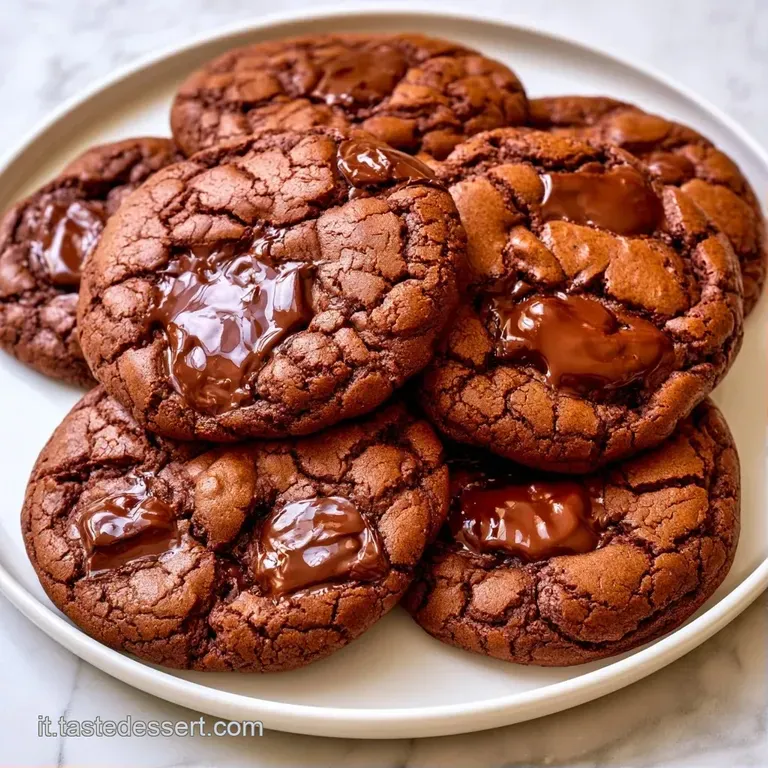 Pila di biscotti al cacao opachi su un piatto di ceramica bianca, con piccoli granelli di sale che brillano in superficie.