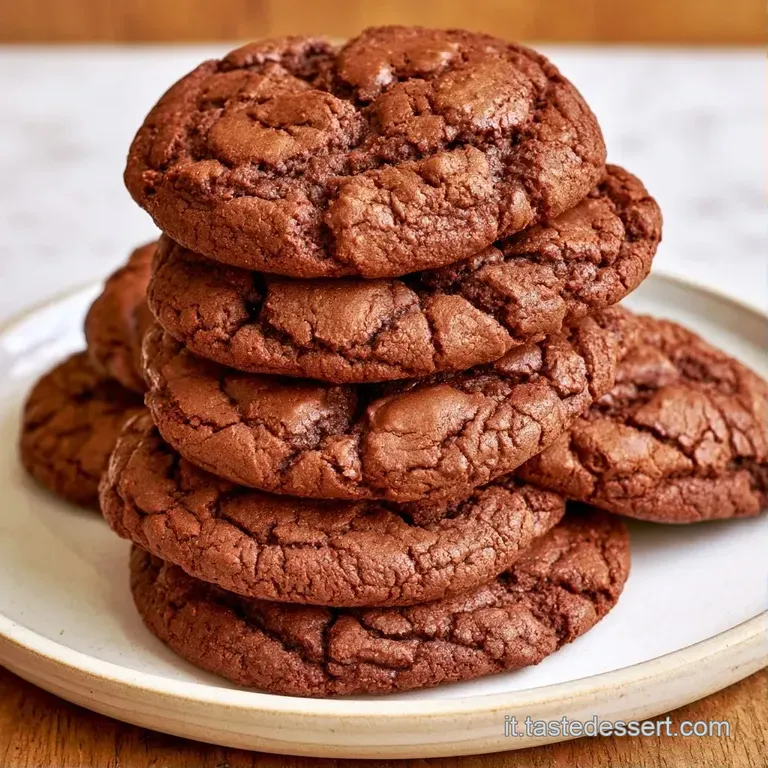 Due biscotti tondi color cacao disposti su un piatto bianco minimalista, con una texture granulosa e opaca.