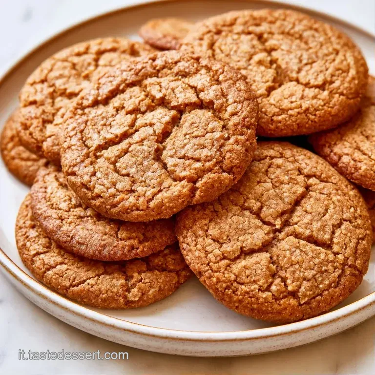 Tre biscotti marroni croccanti su un piatto di ceramica bianca, accanto a un tovagliolo di lino beige naturale.