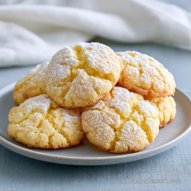 Pila ordinata di biscotti gialli pallidi su un piatto bianco, guarniti con fette di limone fresco e foglie di menta.