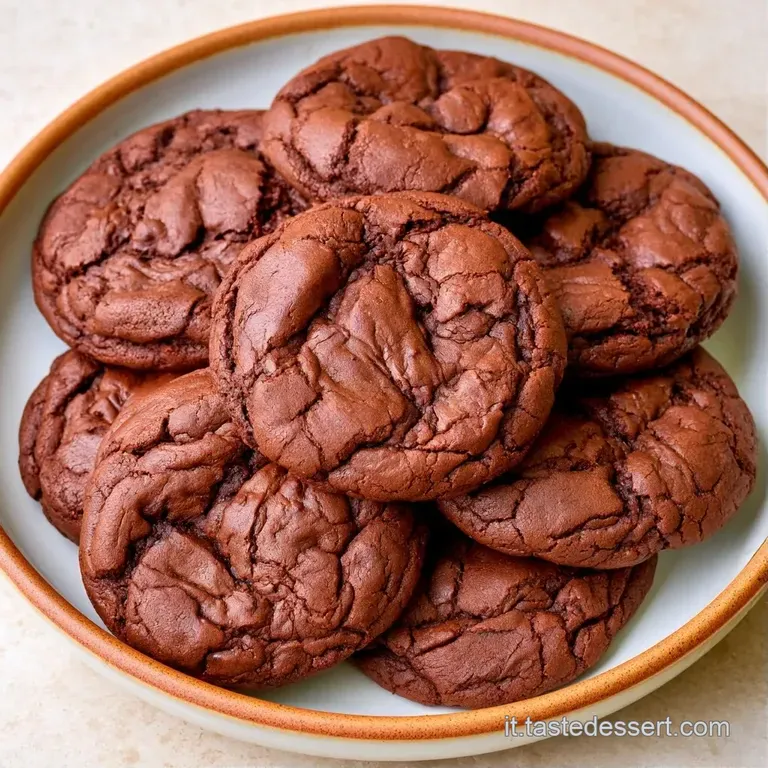 Un piatto bianco minimalista ospita biscotti marroni morbidi, decorati con gocce di crema densa e lucida al cacao.