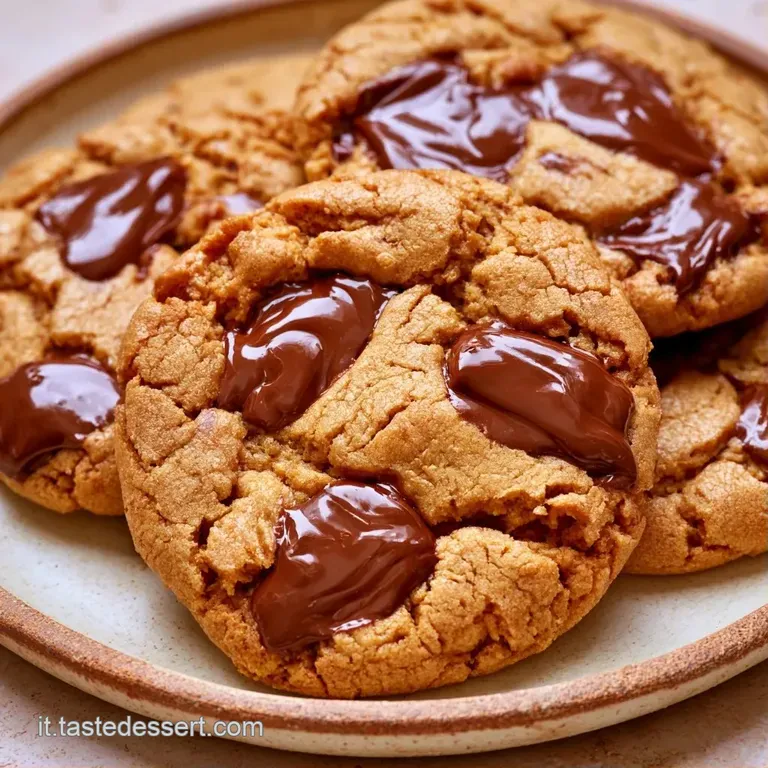 Pila di biscotti morbidi color miele su un piatto bianco, con gocce di cioccolato lucide e superficie leggermente irregolare.