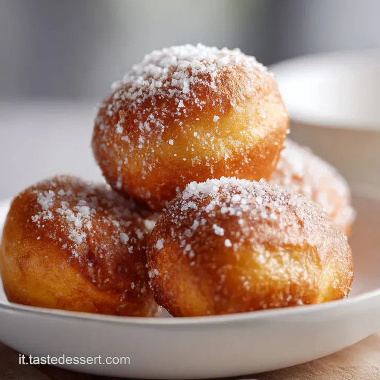 Due sferette di pasta fritta dorata su un piatto bianco, accompagnate da una crema densa e un rametto di prezzemolo.