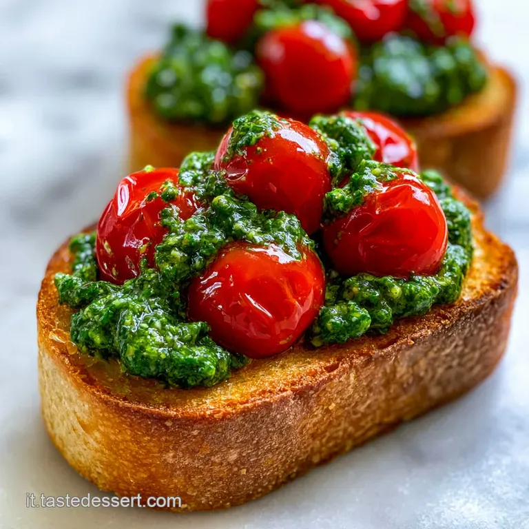 Bruschette disposte con cura su un piatto bianco, contrasto tra il verde intenso della crema e il rosso dei pomodori.