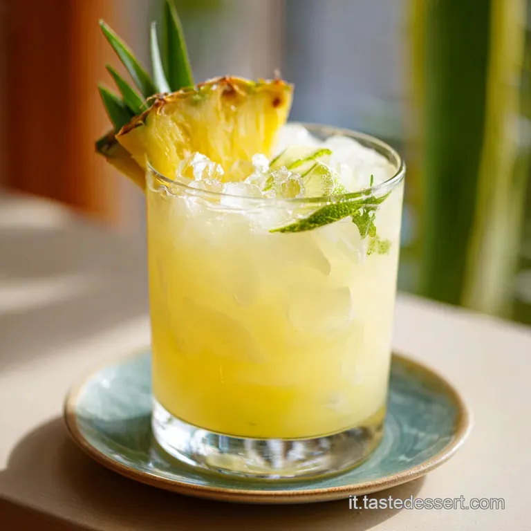 A chilled coupe glass filled with a bright yellow cocktail, garnished with pineapple wedge and mint sprig.