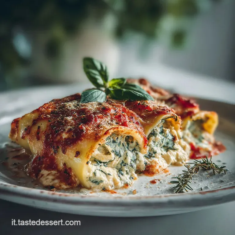 Two plump cannelloni, oozing creamy filling, resting on vibrant tomato sauce, garnished with fresh basil and parmesan. Ele...