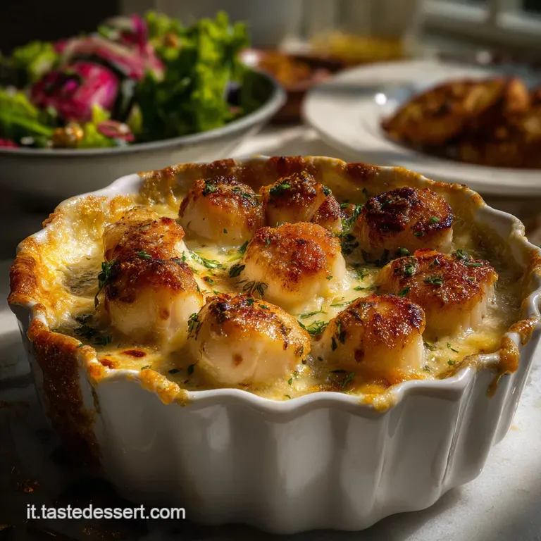 Elegant white plate showcasing baked scallops. The golden crust contrasts with the creamy flesh, garnished with parsley an...