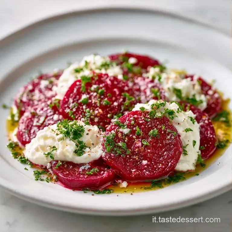 Piatti bianchi con carpaccio di barbabietola color magenta, gocce di crema di caprino candida e un filo d'olio dorato.