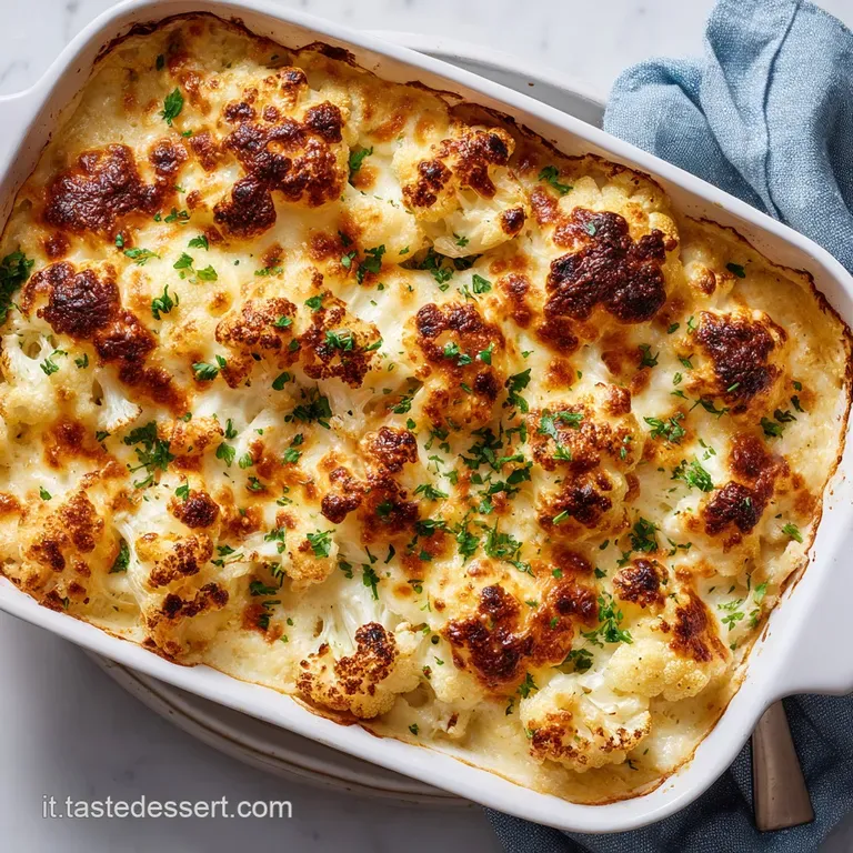 Creamy cauliflower gratin in a white dish, sprinkled with fresh parsley, ready to serve, hinting at a comforting meal.