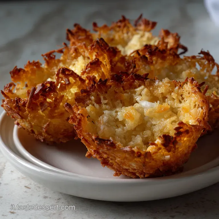 Delicate, translucent parmesan crisps form elegant cups, showcasing a colorful filling with various textures. Garnished wi...