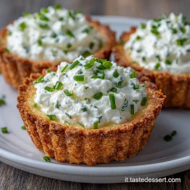 Piccoli cestini di formaggio giallo oro disposti con cura su un vassoio, con guarnizioni fresche e colori vivaci.