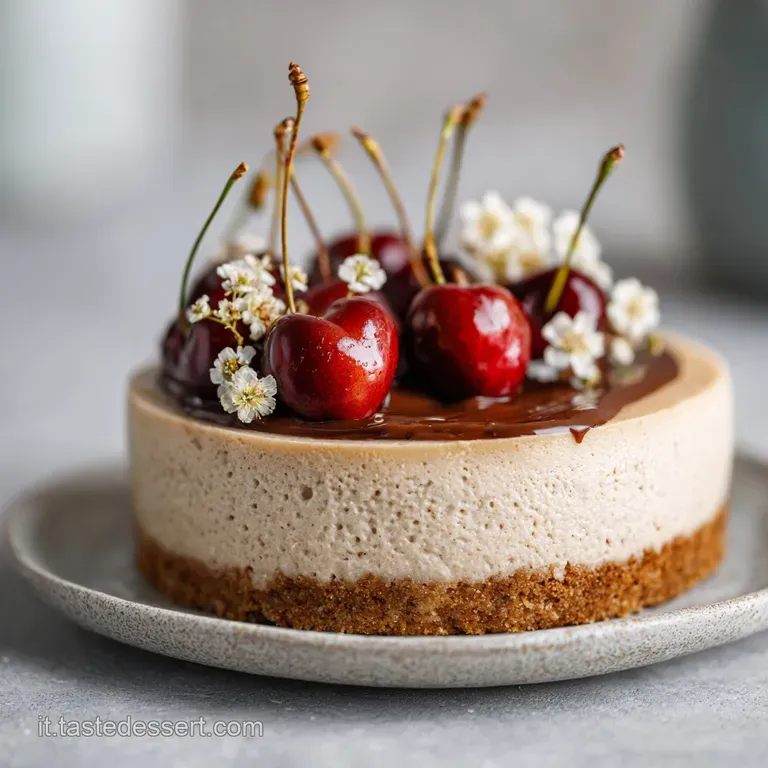 A pristine slice of coffee cheesecake on a white plate, showcasing its smooth texture and delicate mocha swirls.