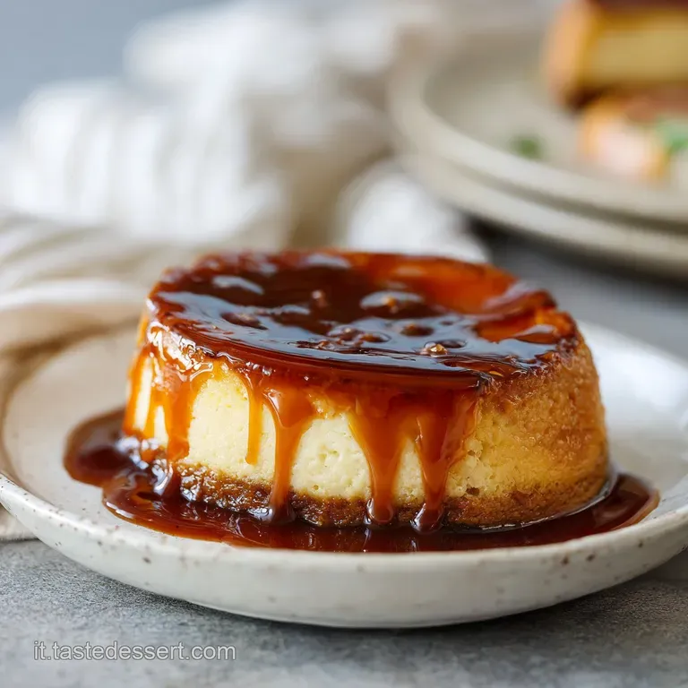 A slice of creamy cheesecake with a dark caramel drizzle, artfully placed on a dark plate.