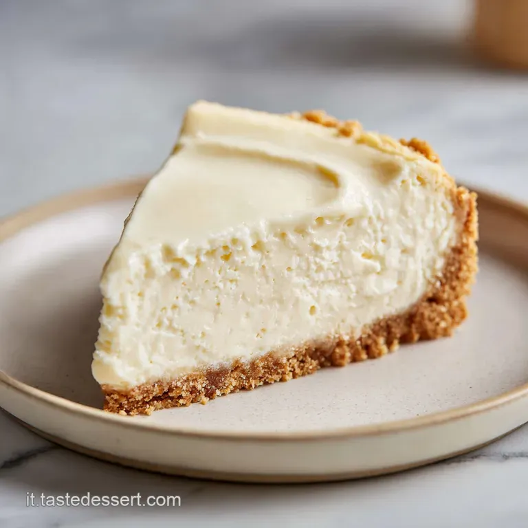 A triangular slice of velvety white cheesecake on a white plate, garnished with fresh mint and a red glaze.