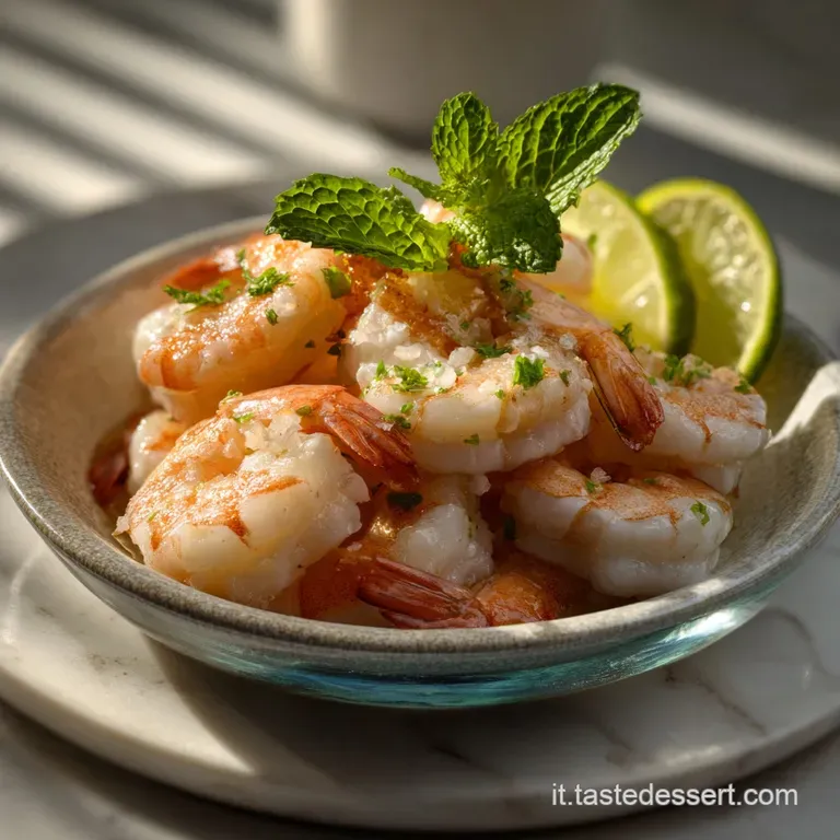 Elegant arrangement of plump shrimp nestled in a creamy pink sauce, a lemon wedge and parsley sprig adding color.
