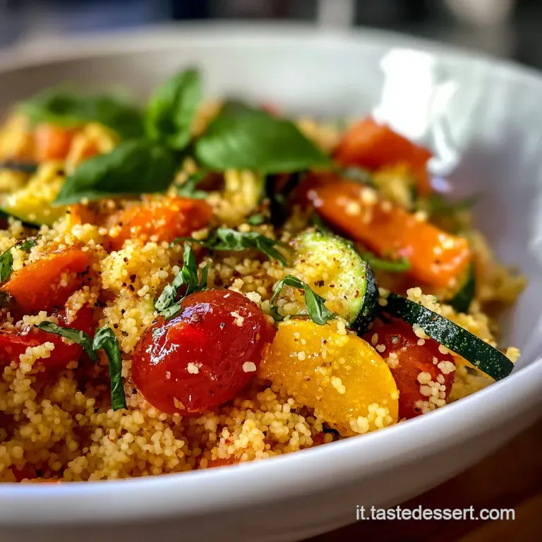 A bright, artful plate of couscous, showcasing fluffy grains and perfectly cubed, colorful vegetables. Fresh herbs add a pop.