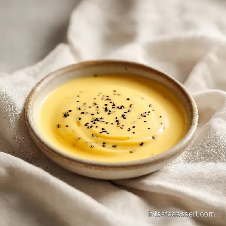 Elegante ciotolina di vetro con crema densa e lucida, guarnita da un baccello di vaniglia e un pizzico di cannella.