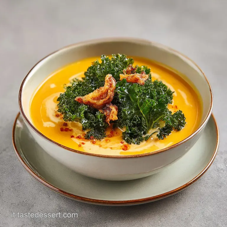 Creamy orange soup artfully drizzled with olive oil and topped with herbs, presented in a shallow bowl. Warm and comforting.