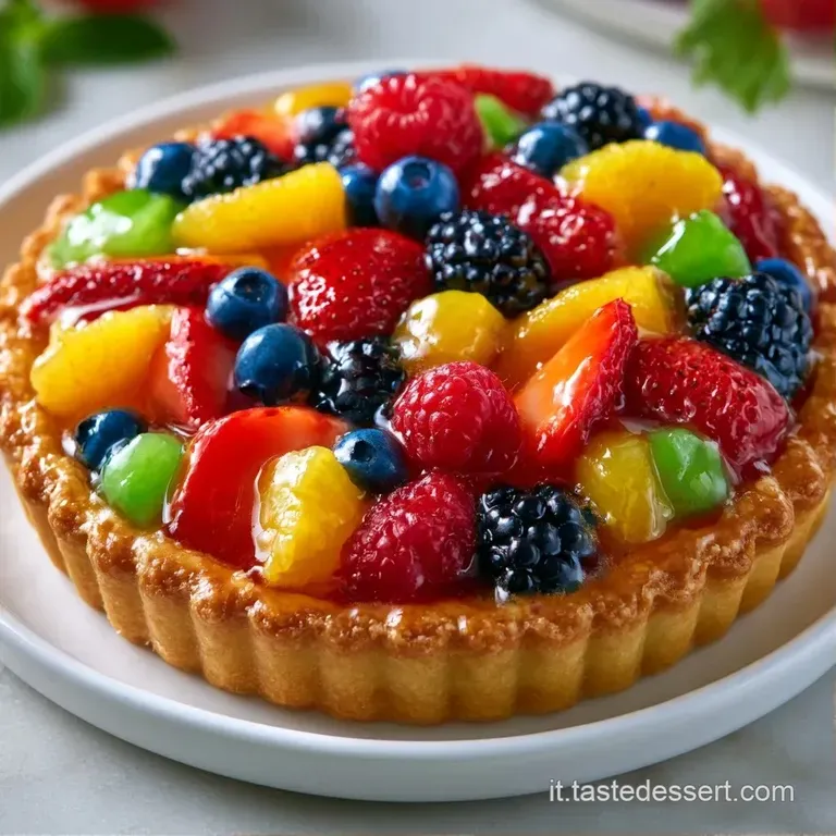 Fetta di torta con base croccante e frutta brillante su un piatto bianco, con gocce di glassa trasparente e lucida.