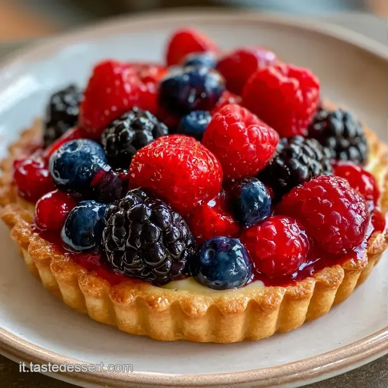 Fetta di torta croccante su piatto bianco, con crema vellutata e frutta colorata, decorata da un ciuffo di panna fresca.