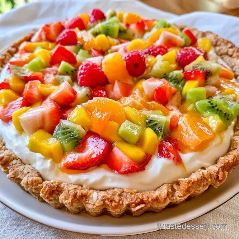 Fetta di crostata colorata su piatto bianco, con frutta fresca brillante e una base croccante color sabbia.