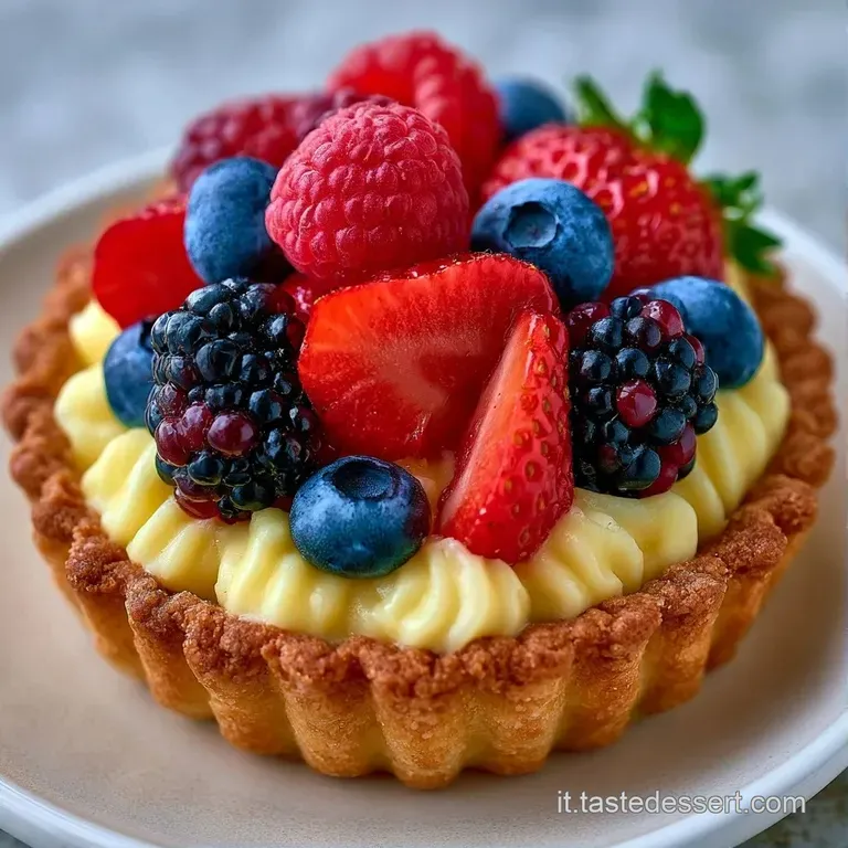 Una fetta di torta colorata su piatto bianco, con gocce di salsa rossa e piccoli frutti di bosco freschi accanto.