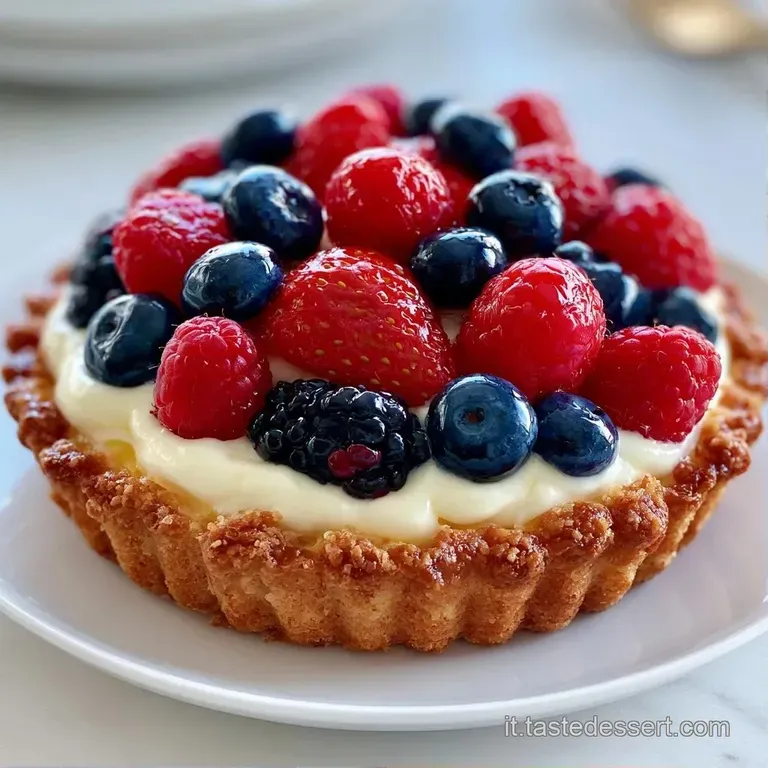 Fetta di dolce su piatto bianco con base friabile, crema densa e frutti rossi brillanti, guarnita da foglioline di menta.