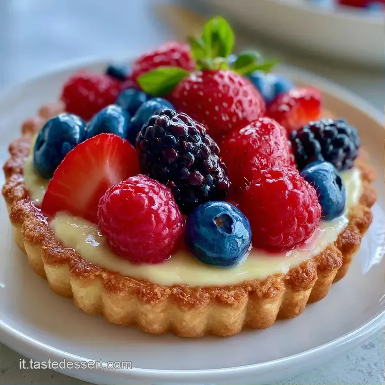 Fetta di dolce su piatto bianco: base croccante, crema densa e frutti di stagione brillanti con un tocco di menta.