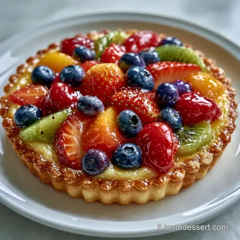 Fetta di dolce dorato con frutti brillanti su piatto bianco, illuminata da luce naturale che esalta i colori vivaci.