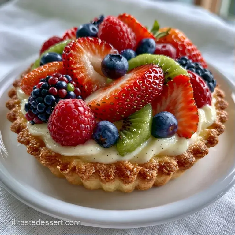 Fetta di torta con frutta fresca brillante e crema vellutata su piatto bianco, accanto a un tovagliolo di lino chiaro.