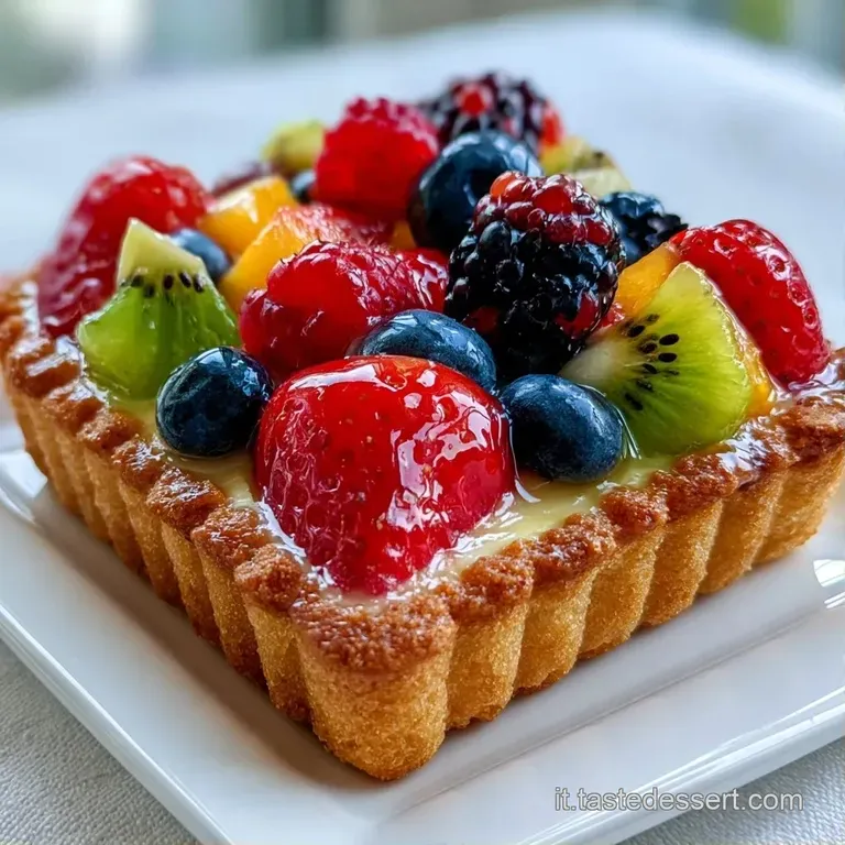 Elegante crostata rettangolare su base bianca, decorata con frutti di bosco lucidi e una base di pasta frolla dorata.