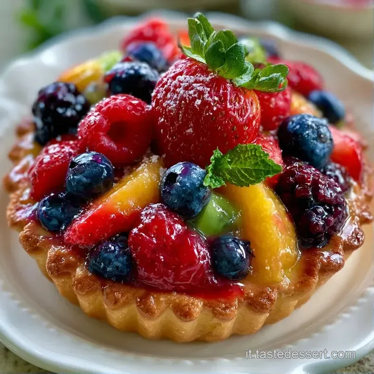 Una fetta di torta con frutta fresca lucida appoggiata su un piatto bianco, con gocce di glassa trasparente e brillante.