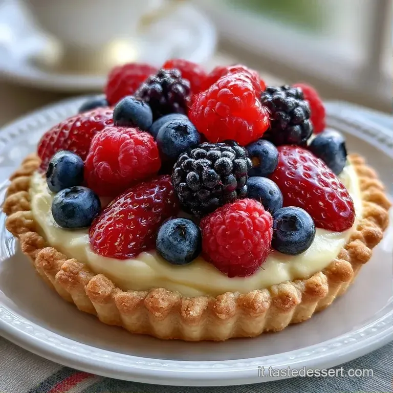Fetta di torta alla frutta su piatto bianco, colori vivaci dei frutti di stagione e un ciuffo di menta fresca verde.
