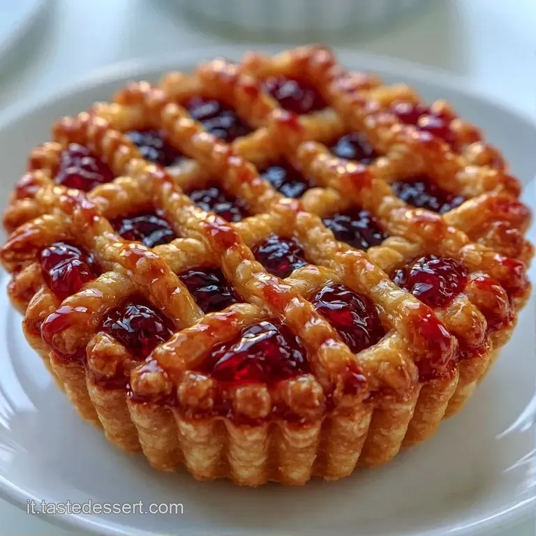 Una fetta di torta dorata su piatto bianco, con marmellata brillante e una spolverata di zucchero a velo finissimo.