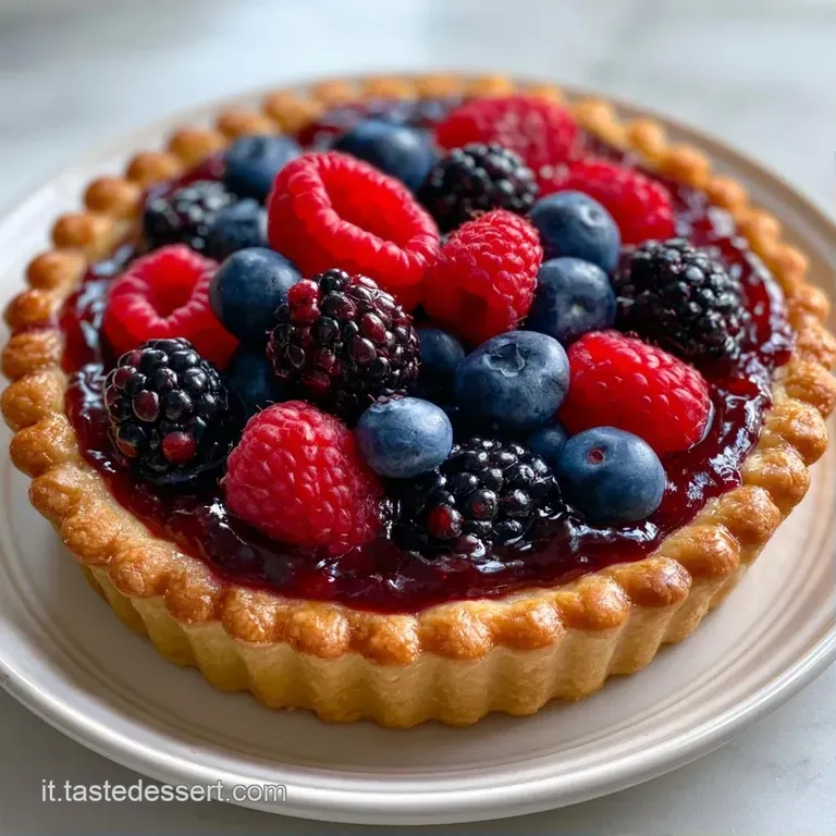 Fetta di dolce friabile su piatto bianco, decorata con frutti di bosco succosi e una base di marmellata rosso intenso.