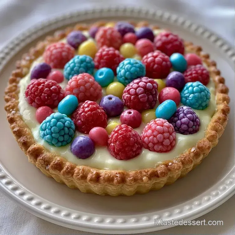 Una fetta di dolce colorato su piatto bianco, con crema vellutata e frutta fresca brillante in un'ambientazione luminosa.
