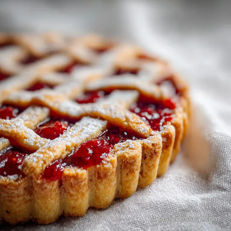 Slice of golden crostata on a white plate. Flaky crust with a smooth, deep orange marmalade filling. Elegant & inviting.