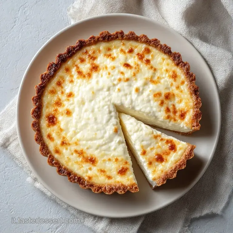Fetta di torta salata su piatto bianco, base croccante dorata e cuore morbido e cremoso con colori vivaci e caldi.