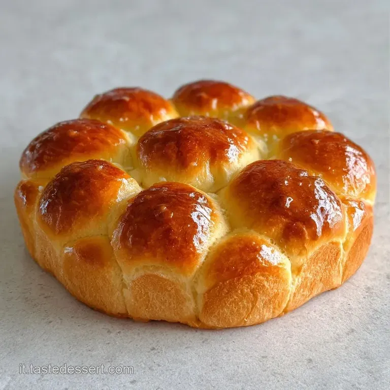 Una fetta di pane morbido dorato su un piatto bianco, con ripieno cremoso che fuoriesce e una crosta lucida e croccante.