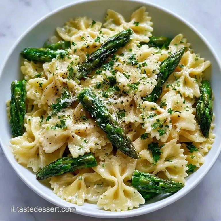Piatto elegante con farfalle avvolte in salsa cremosa, punte di asparagi verdi croccanti e un tocco di pepe nero macinato.