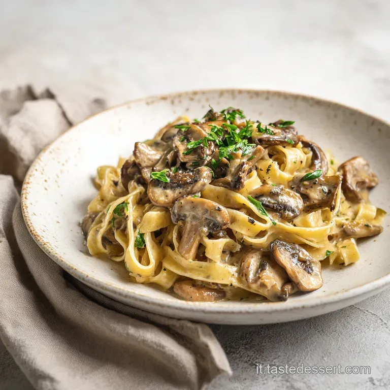 Elegant plate of fettuccine with porcini, steam rising. Glistening sauce coats each strand. A sprinkle of fresh parsley ad...