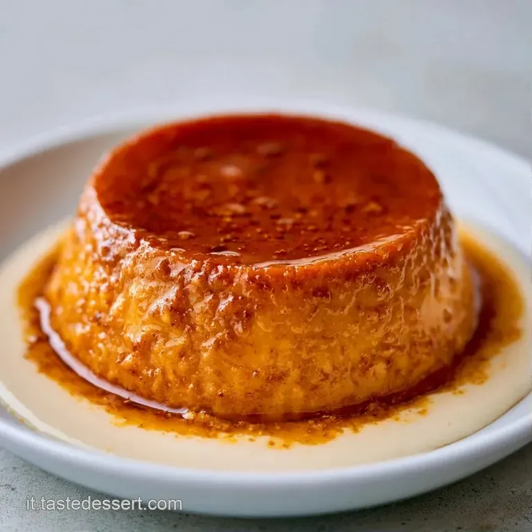 Dessert cremoso color zucca servito con un filo di caramello lucido che cola lungo i bordi di un piattino di ceramica.