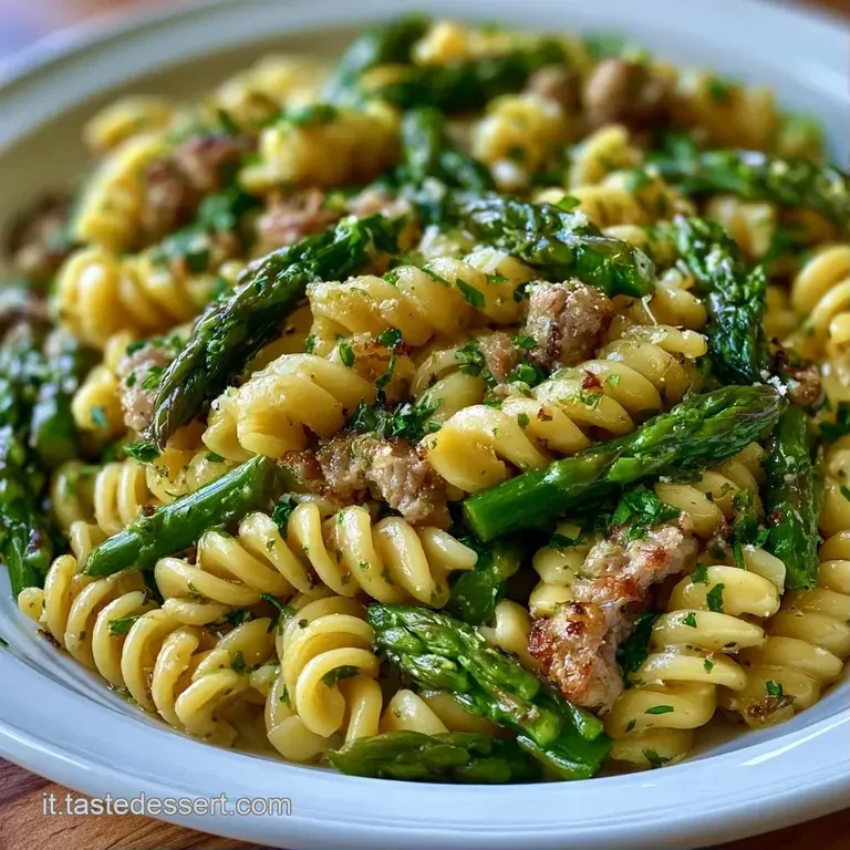Piatto fondo bianco con pasta a spirale, asparagi croccanti disposti a raggiera e granella di salsiccia dorata e saporita.