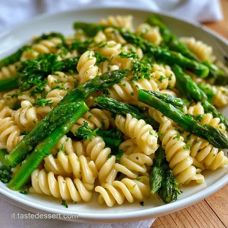 Piatto di ceramica bianca con fusilli cremosi, punte di asparagi tenere e un tocco di pepe nero macinato fresco.